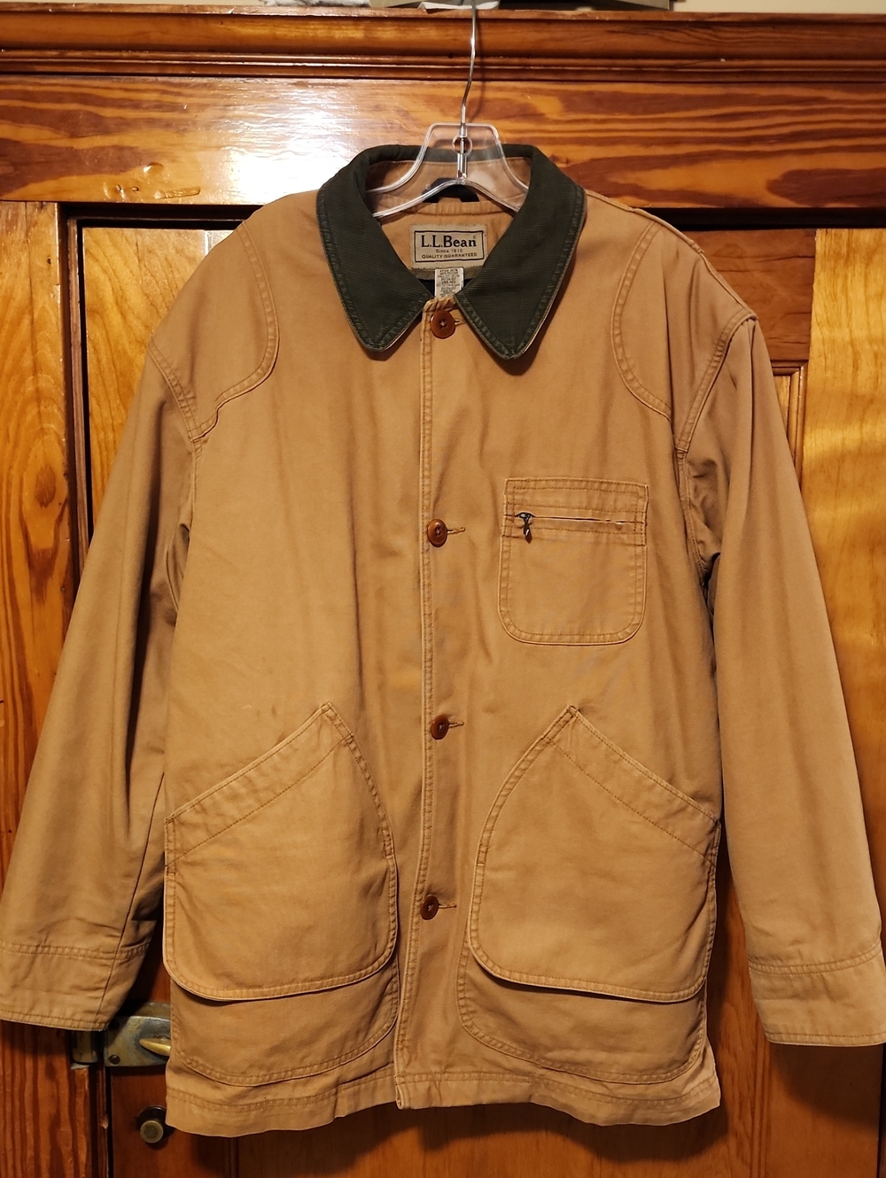 L.L. Bean Tan Canvas Flannel-Lined Chore Jacket with Dark Green Collar sz M